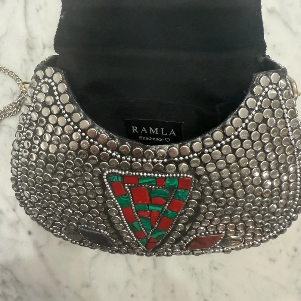 EXCELLENT $235 Ramla Handmade Mosaic Silver Beaded Mini Bag Unique Collectible - Picture 4 of 10
